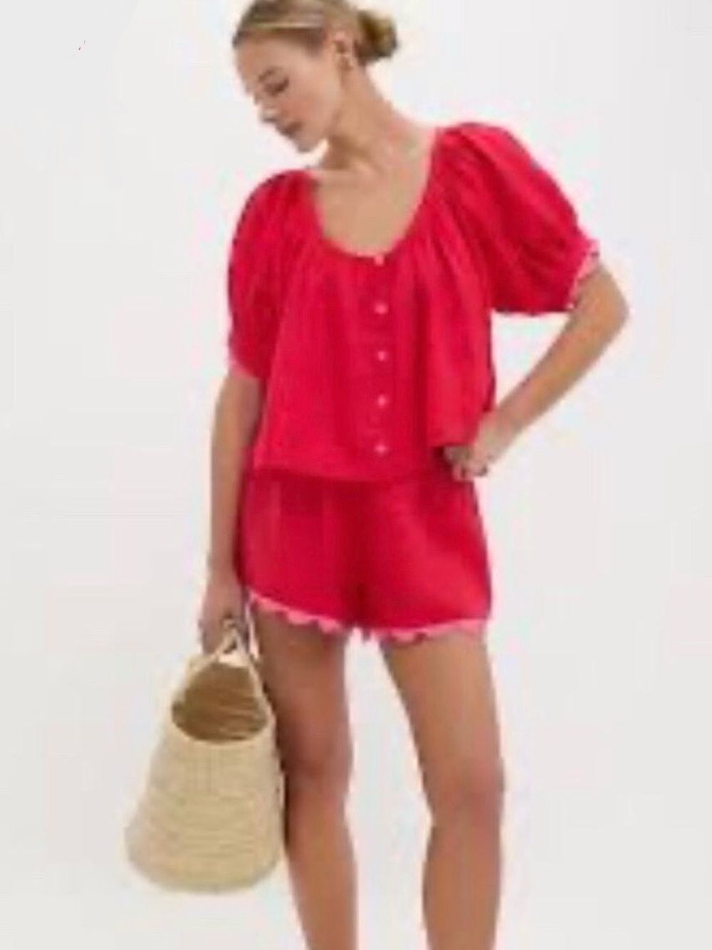 Tuckernuck Tully Red Hibiscus Scalloped Linen Set NWT Large